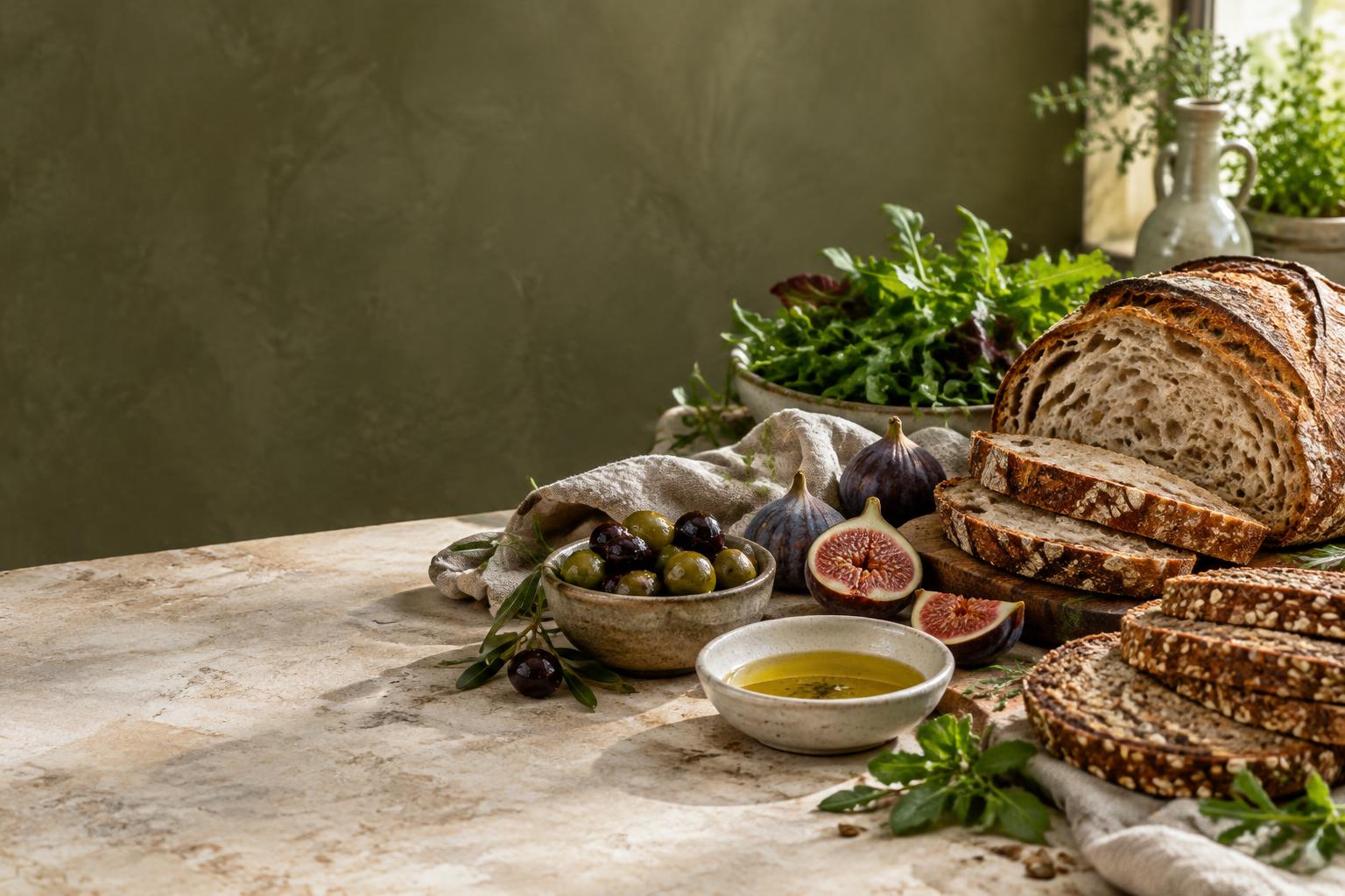 Whole-grain bread, figs, greens, olives, and olive oil on a sunlit table